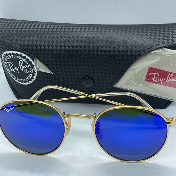 Brand New Rayban Round Rb3447 Gold with Flash Blue - Picture 5 of 8